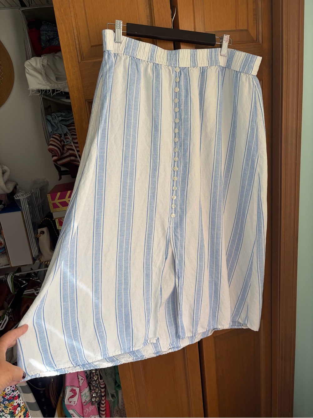 LOFT Light Blue & White Striped Button-Front Midi Skirt